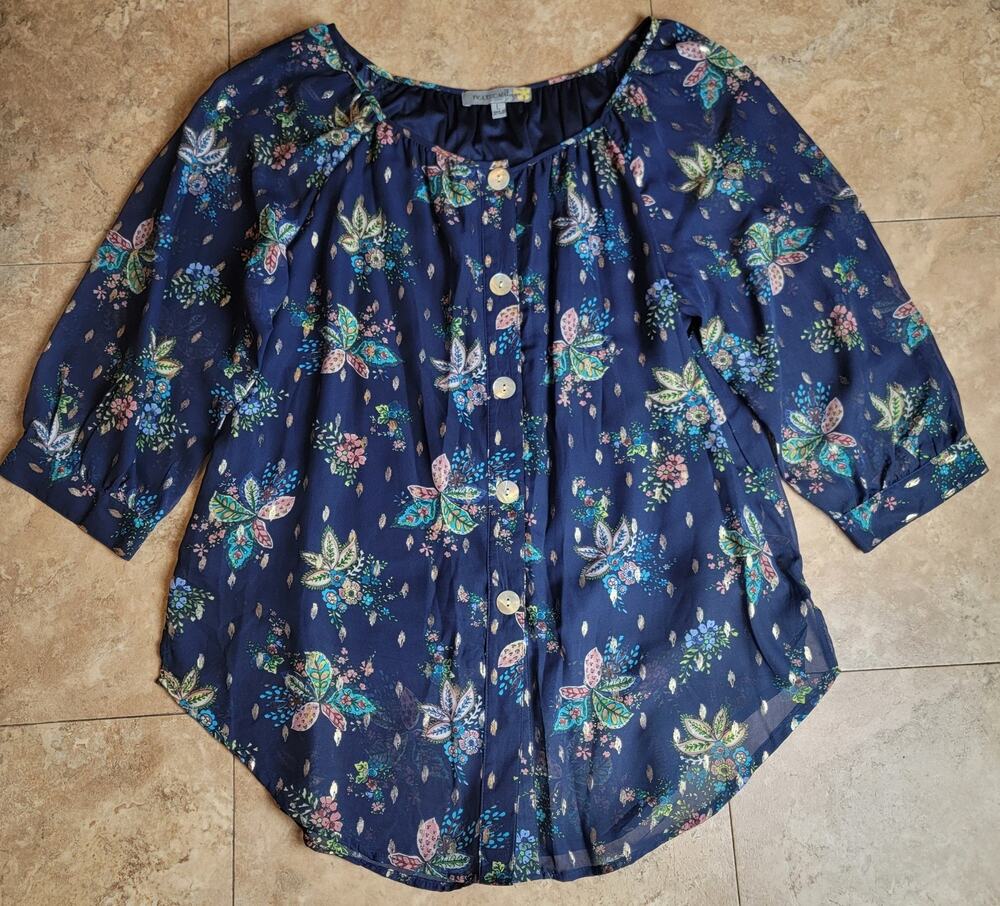 Bohemian Top Sz XL 3/4 Sleeve Glod Metallic Blue Colorful Floral Casual Women
